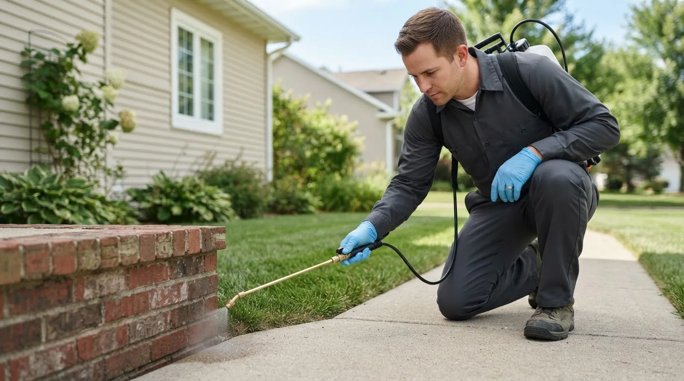 Pest control technician treating a home near Hawkeye, IA