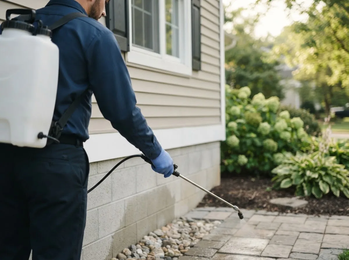 Pest control technician inspecting a home in Hawkeye, IA